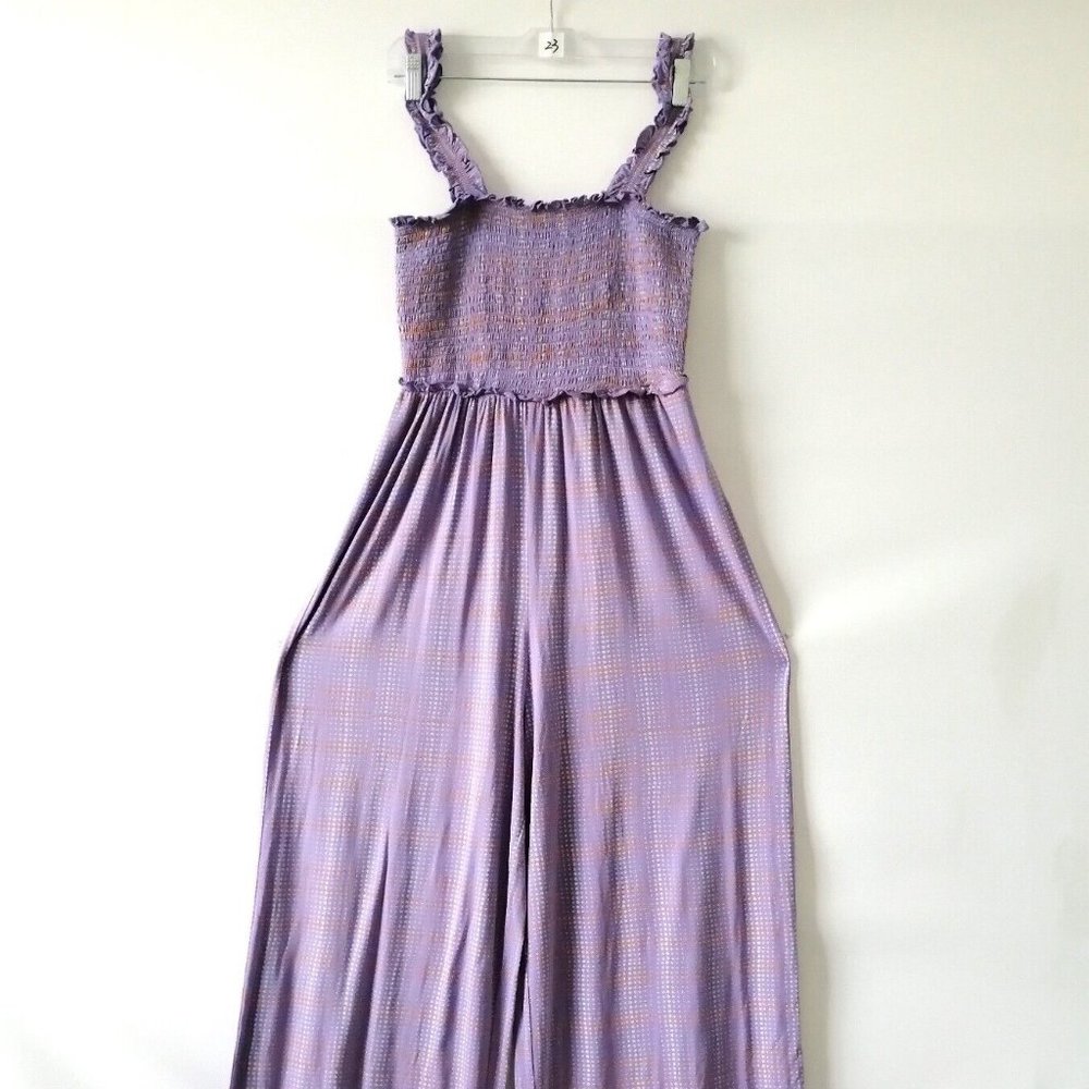 BP. Womens Smocked Crop Jumpsuit Purple Geo Dot Plaid Size M